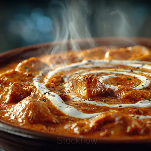 Creamy Indian butter chicken with tender chicken chunks in a rich orange tomato gravy, swirled with cream — 4K royalty-free food & beverage stock photo