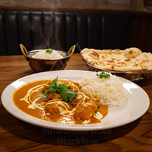 Indian butter chicken with creamy sauce served over rice, garnished with cilantro, accompanied by naan — 4K royalty-free food & beverage stock photo