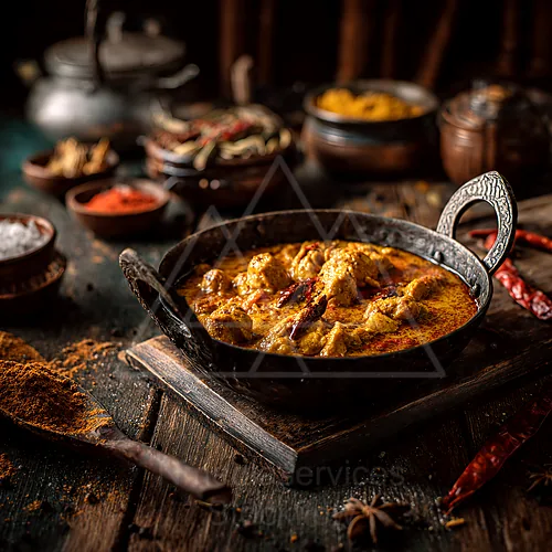 A rich Indian butter chicken curry served in a traditional iron kadhai on a rustic wooden table, with spice bowls in the background — 4K royalty-free food & beverage stock photo