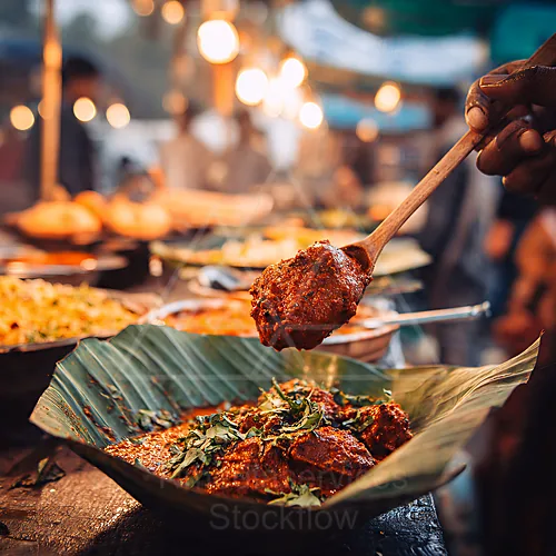 Indian butter chicken served on a banana leaf at a lively street market — 4K royalty-free food & beverage stock photo