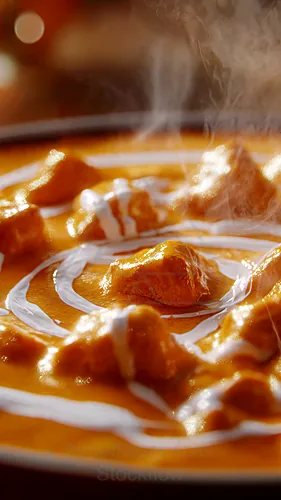 Indian butter chicken in a rich orange curry with white cream swirls — 8K royalty-free food & beverage stock photo