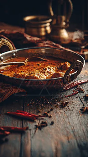 Indian butter chicken in a copper pan with a rich creamy tomato gravy and tender chicken pieces, on a rustic wooden table with scattered spices — 8K royalty-free food & beverage stock photo