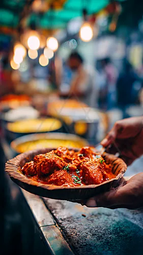 Indian butter chicken served in a bowl at a street-food stall — 8K royalty-free food & beverage stock photo