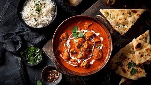 Creamy Indian butter chicken with naan and basmati rice, garnished with cilantro — 8K royalty-free food & beverage stock photo