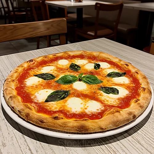 Margherita pizza with tomato sauce, melted mozzarella, and fresh basil on a crusty edge, served on a plate in a restaurant — 4K royalty-free food & beverage stock photo