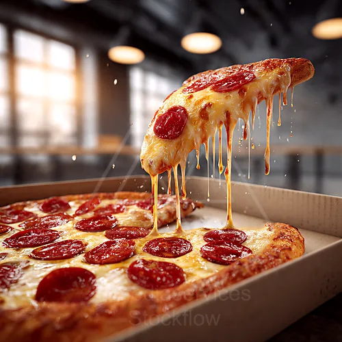 Pepperoni pizza with stretchy melted cheese being lifted from a box — 4K royalty-free food & beverage stock photo