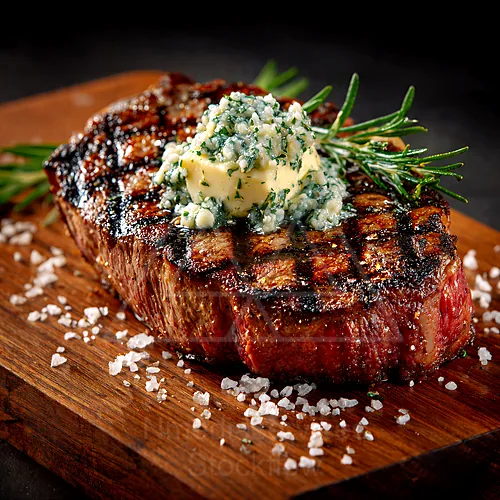 Thick grilled steak on a wooden board, topped with herb butter and a sprig of rosemary, with flaky salt scattered around — 4K royalty-free food & beverage stock photo