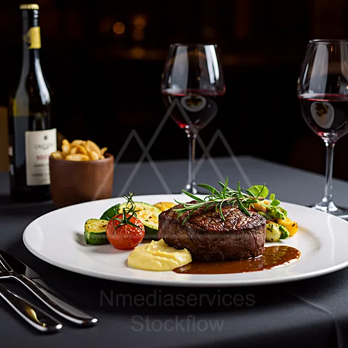 Seared steak with fresh rosemary, roasted vegetables, and creamy sauce on a white plate, complemented by red wine in the background — 4K royalty-free food & beverage stock photo