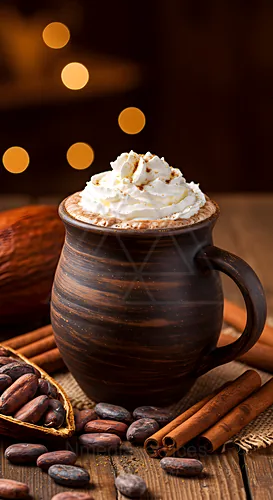 Hot chocolate in a rustic mug topped with whipped cream and cinnamon — 8K royalty-free food & beverage stock photo