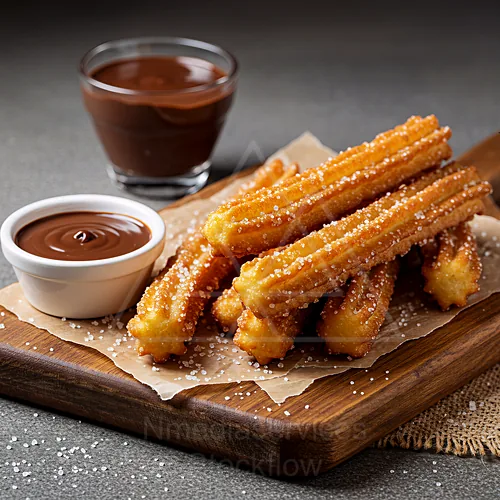 Freshly made churros served with chocolate dipping sauce — 4K royalty-free food & beverage stock photo