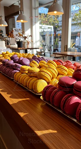 Colorful macarons arranged on a wooden table in a bright cafe — 8K royalty-free food & beverage stock photo