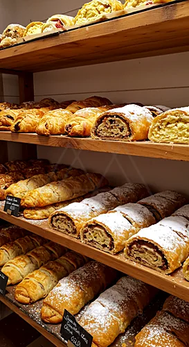 Freshly baked pastries displayed on wooden shelves in a bakery — 8K royalty-free food & beverage stock photo