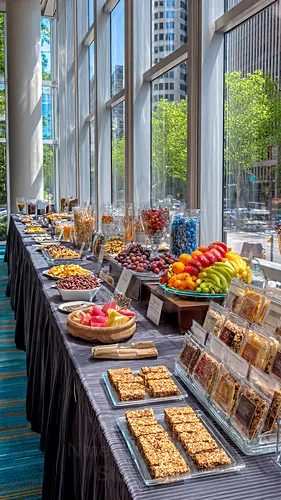 A buffet table filled with various snacks and fruits in a bright setting — 8K royalty-free catering events stock photo