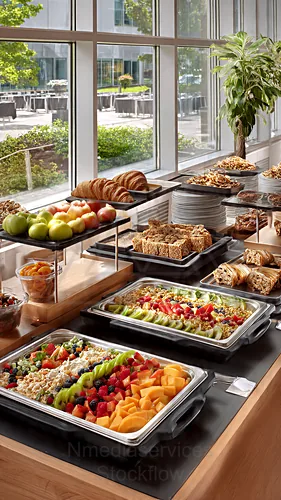A buffet table filled with fresh fruits and pastries in a bright setting — 8K royalty-free catering events stock photo