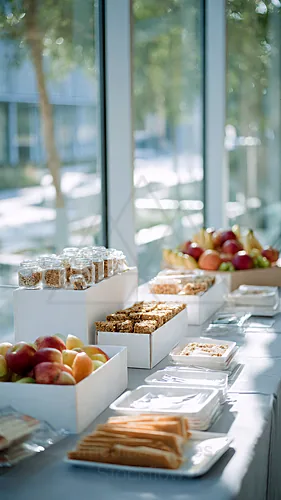 A table set with assorted snacks and fruits in a bright indoor setting — 8K royalty-free catering events stock photo