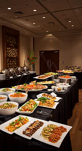 Buffet table filled with various dishes in a banquet setting — 8K royalty-free catering events stock photo