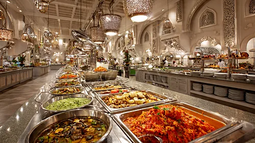 Buffet spread featuring a variety of dishes in an elegant restaurant setting — 8K royalty-free catering events stock photo