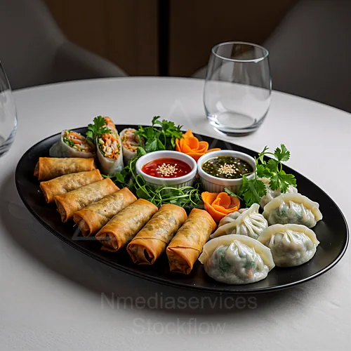 A platter of assorted spring rolls and dumplings with dipping sauces — 4K royalty-free catering events stock photo