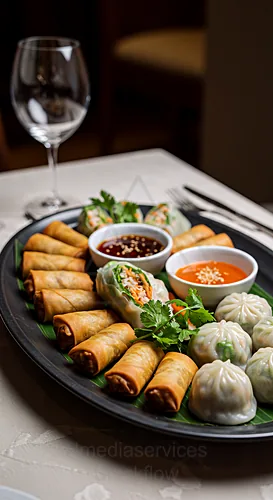 A platter of assorted spring rolls and dumplings with dipping sauces — 8K royalty-free catering events stock photo