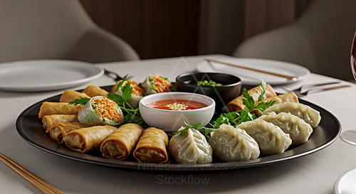 A platter of spring rolls and dumplings with dipping sauce and garnishes — 8K royalty-free catering events stock photo