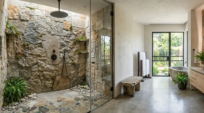 מקלחון אבן טבעית בחדר רחצה מעוצב ומשולב אמבטיית פרי סטנדינג