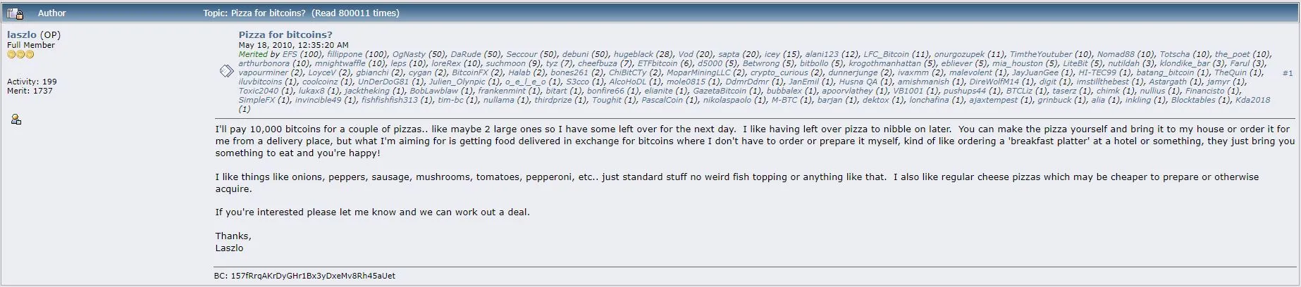 Postingan Pertama Bitcoin Pizza Day - Bitcointalk