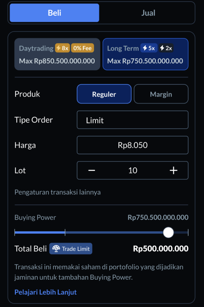 Cara Atur total beli Trade Limit Ajaib