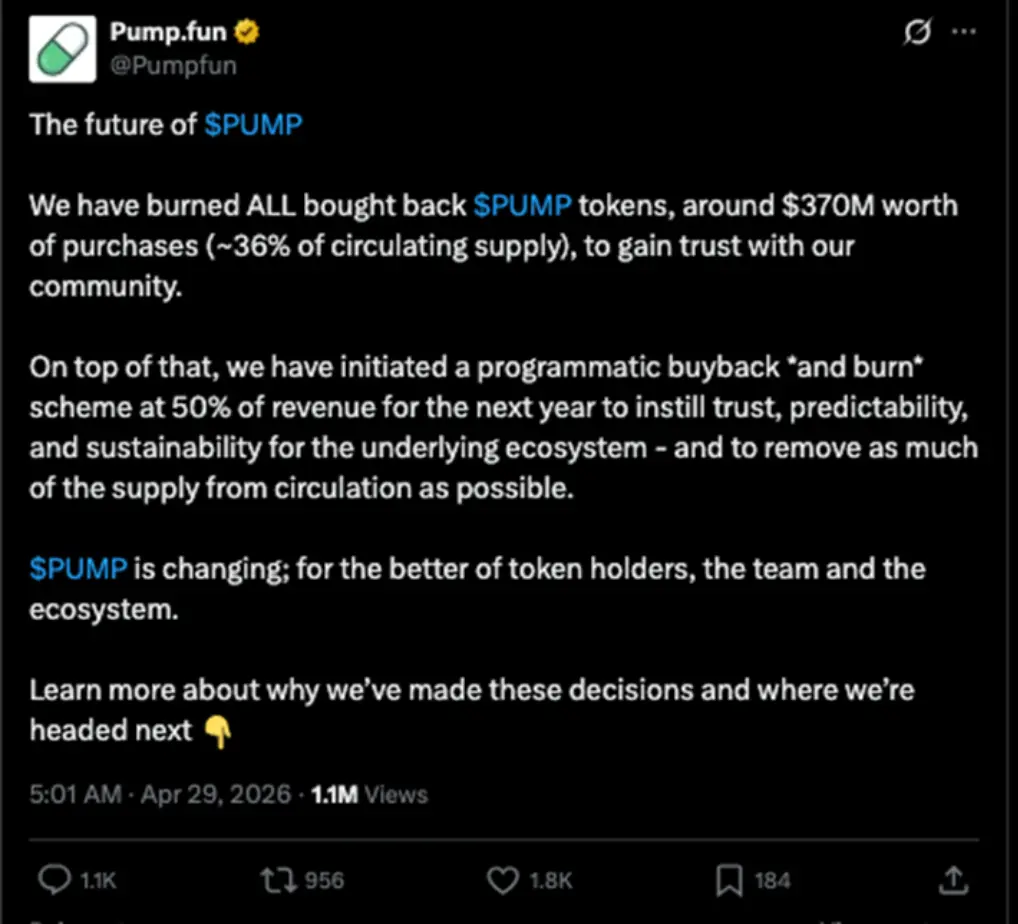 Pump.fun “Burn” Token PUMP Senilai $370 Juta & Alokasikan 50% Pendapatan untuk Buyback