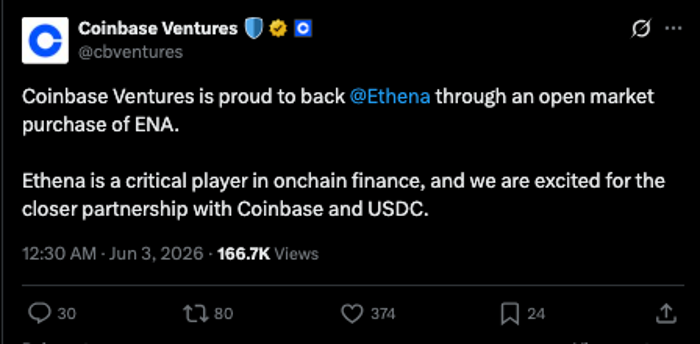Perkuat Produk Keuangan On-Chain, Coinbase Ventures Suntik Investasi ke Ethena, Token ENA Terbang 23%!