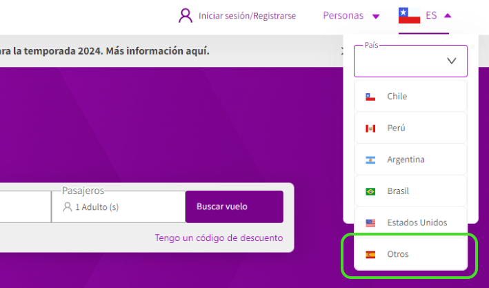 Menú desplegable con los Homemarket de SKY