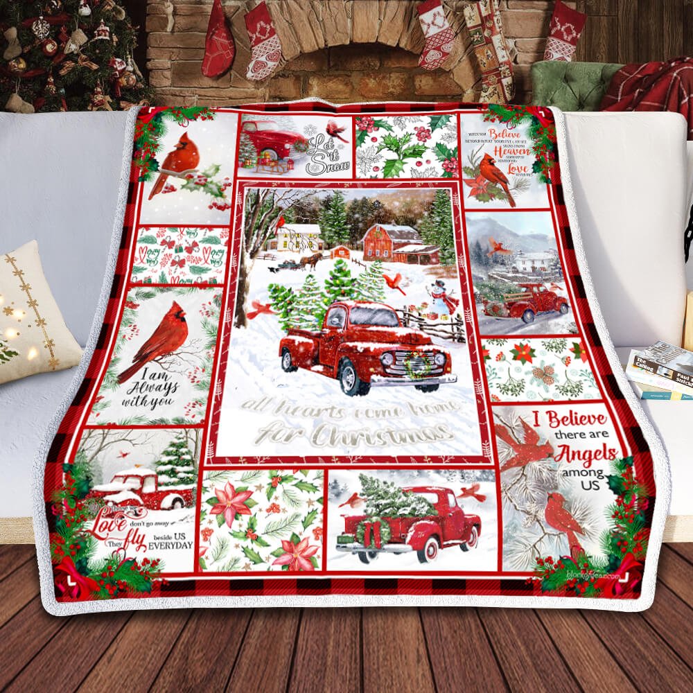 All Hearts Come Home for Christmas Cardinal Bird Red Truck Merry Xmas Blanket 