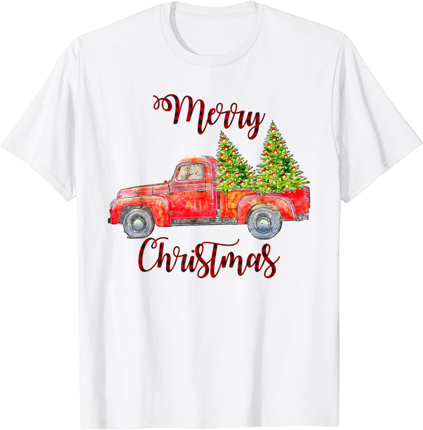 Merry Christmas Watercolor Red Vintage Christmas Truck T-Shirt
