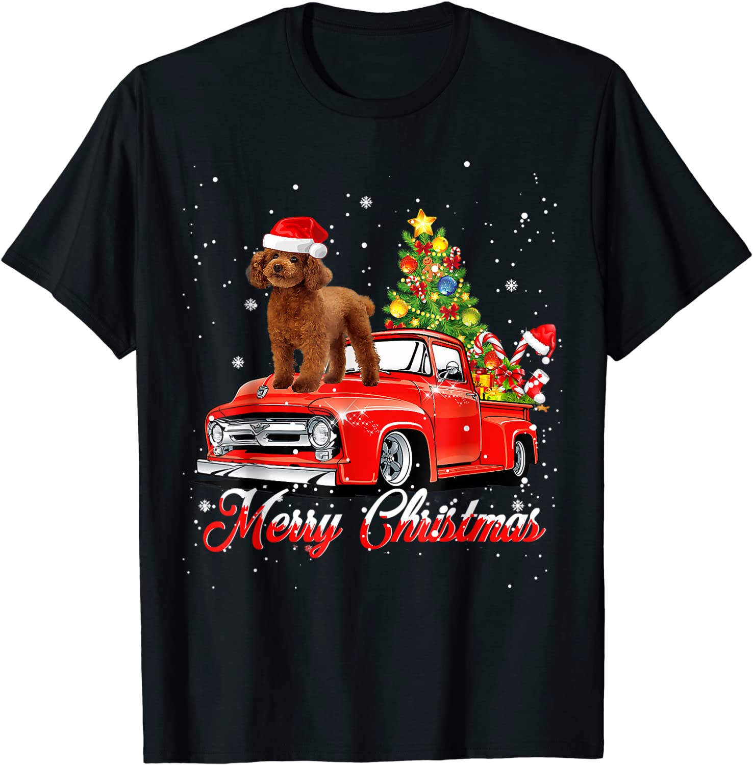 Poodle Dog Riding Red Truck Christmas Decorations Pajama T-Shirt