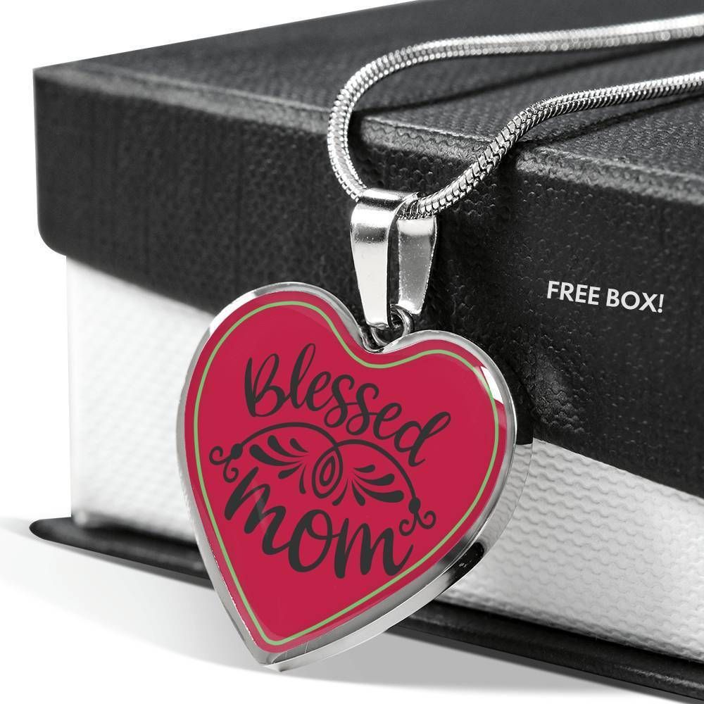 Blessed Mom Dark Pink Gift For Mom Stainless Heart Pendant Necklace