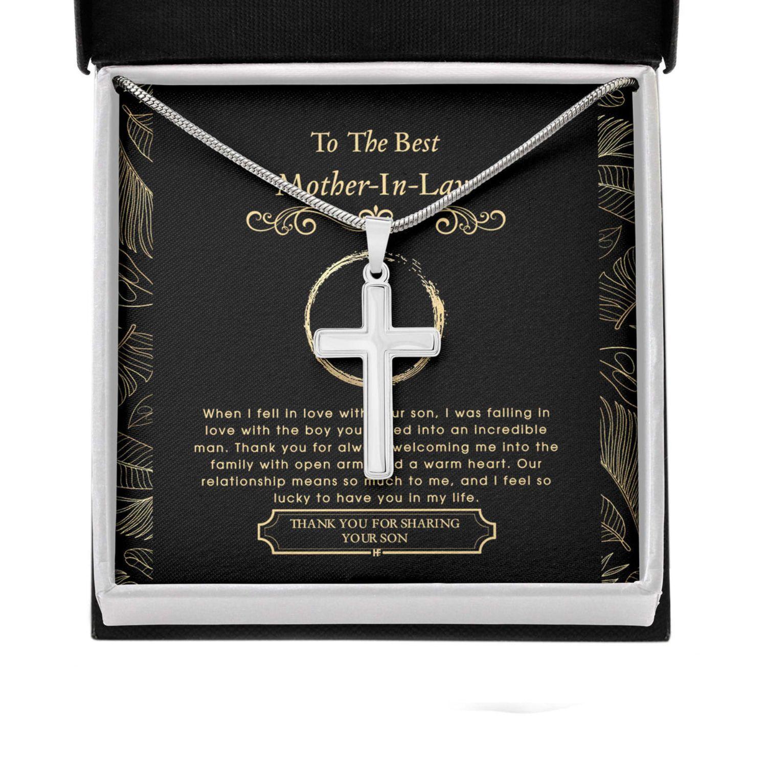Mother In Law Necklace, Gift For Mother's Day From Daughter V4, Message Card Cross Necklace