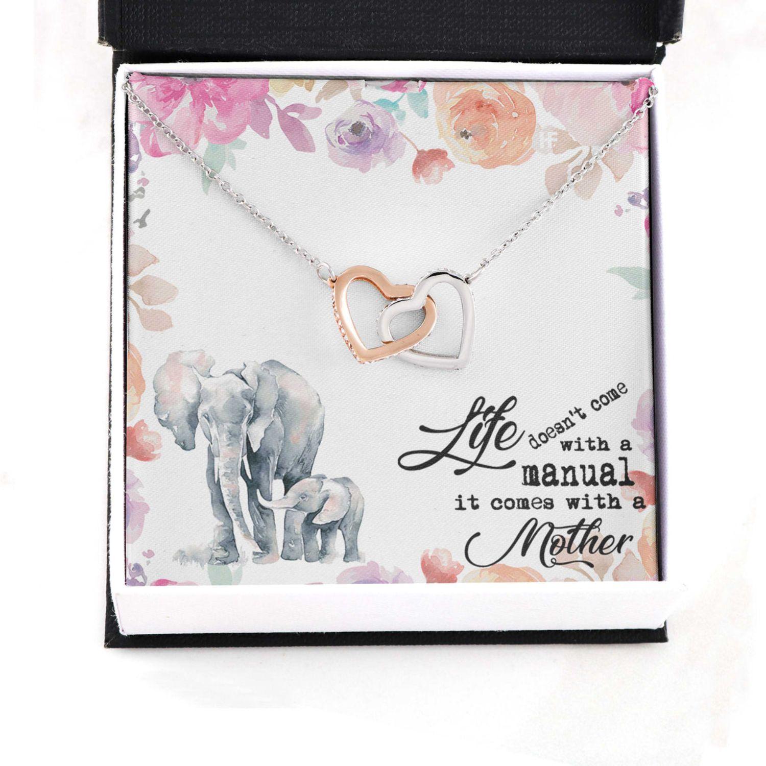 Mom Necklace, Gift For Mother's Day Life Doesn�t Come With A Manual, Elephant Message Card Hearts Necklace