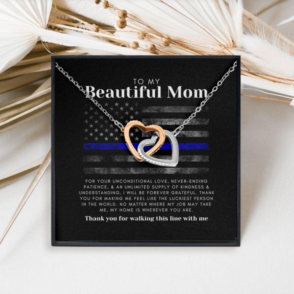 Mom Necklace, Police Gift For Mom: Police Themed Two Hearts Necklace, Christmas Thin Blue Line LEO Gift