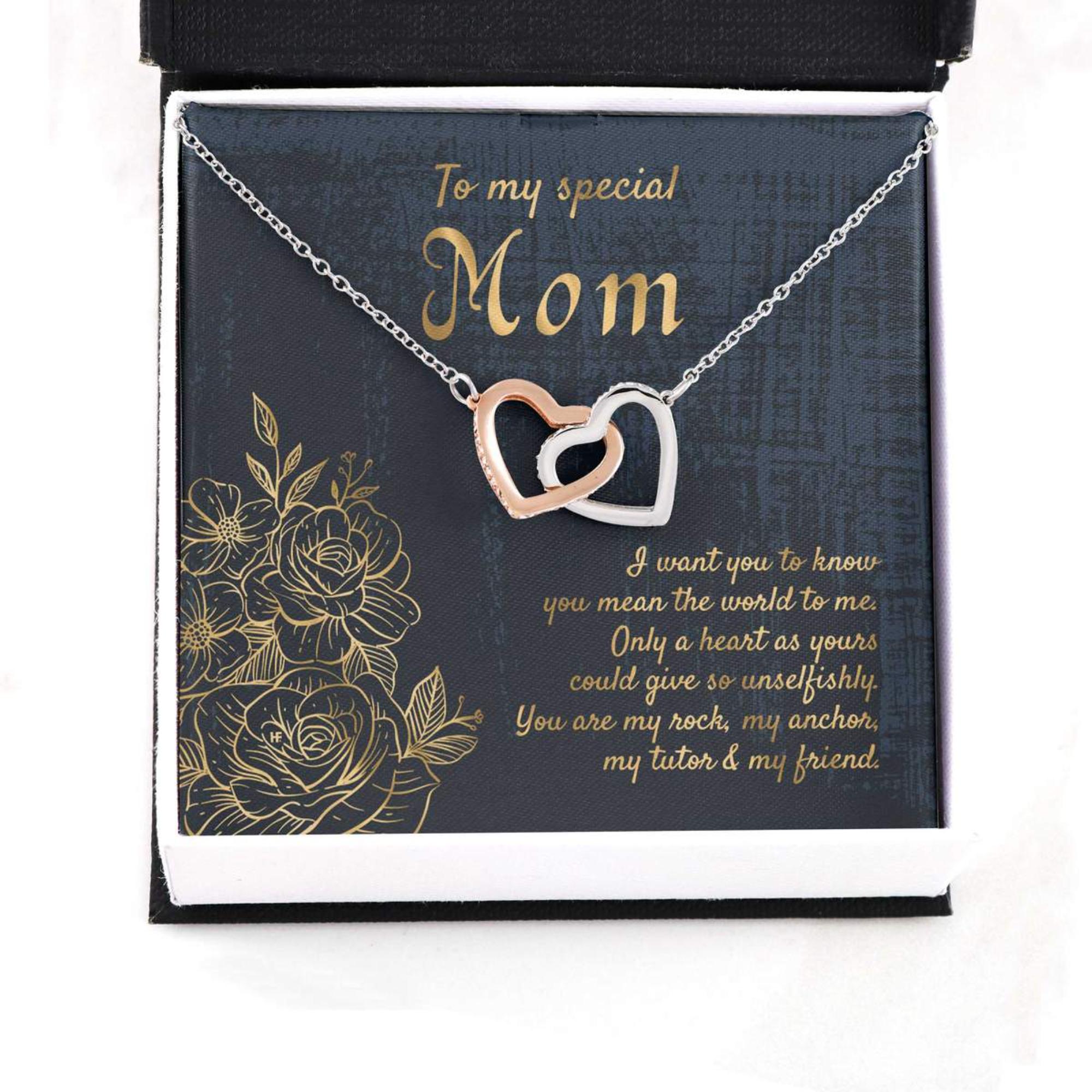Mom Necklace, Gift For My Special Mom On Mother's Day With Golden Lined Roses Interlocking Hearts Necklaces