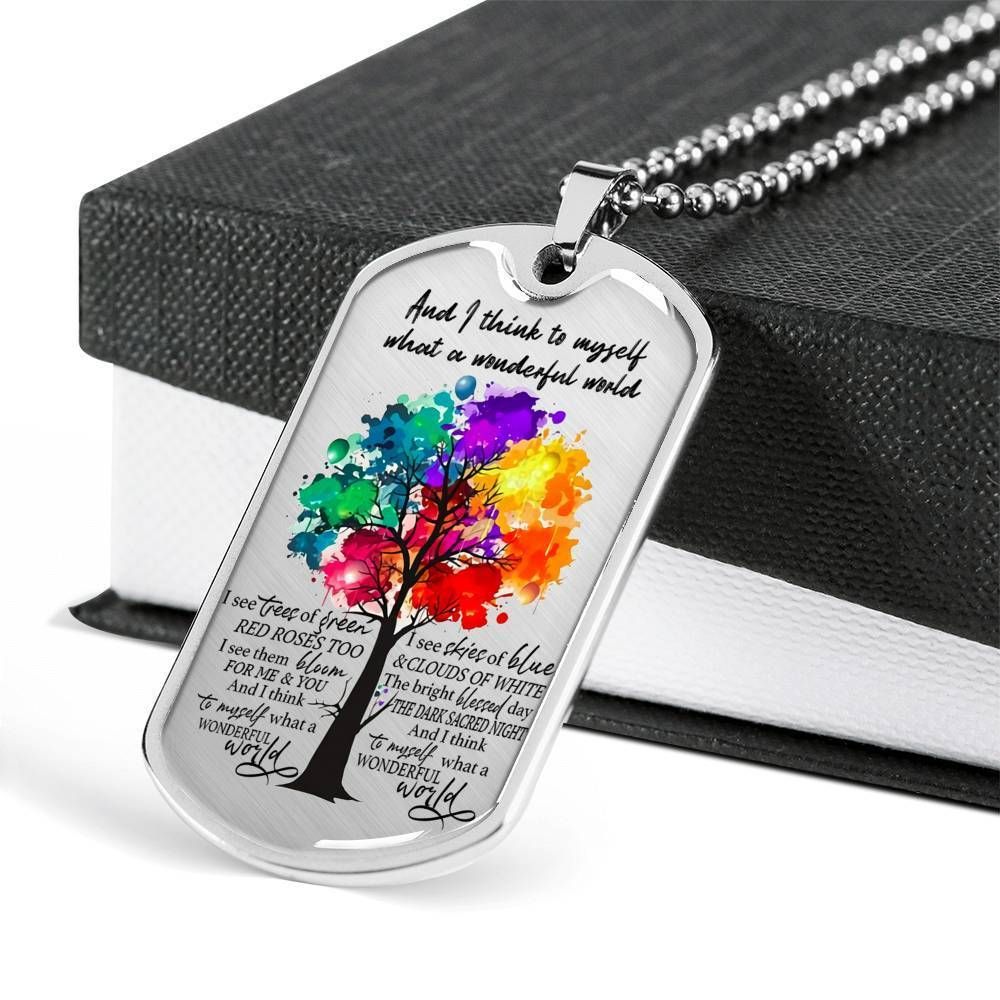 What A Wonderful World Colorful Tree Dog Tag Necklace For Daughter
