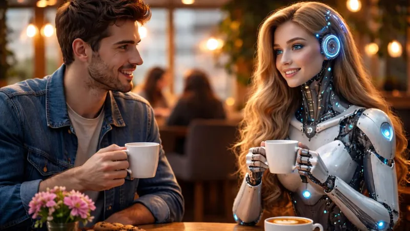 Unique cafe opened in New York America where people going on coffee date with AI girlfriend boyfriend