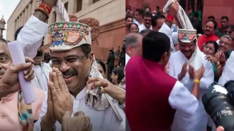 धर्मेंद्र प्रधान के स्वागत में उतरे NDA सांसद, संसद के मकरद्वार पर पाग पहनाकर कराया भव्य स्वागत