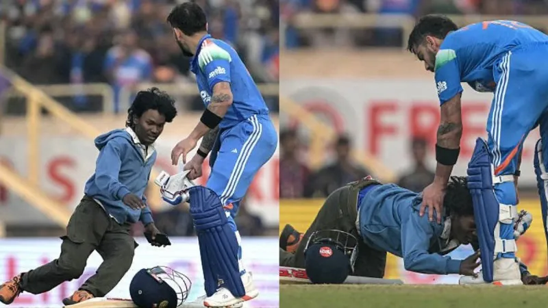 स्टेडियम में दो राउंड पल्टी, दौ़ड़कर कोहली के पैरों में जा लिपटा फैन; देखें VIDEO