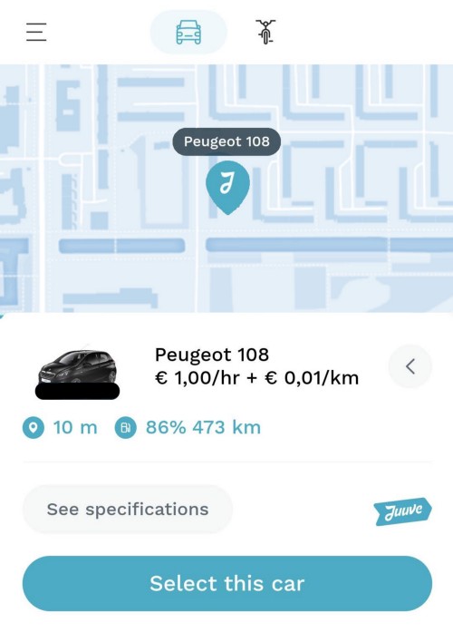 Screenshot from the Juuve app showing very low prices for renting this specific car.