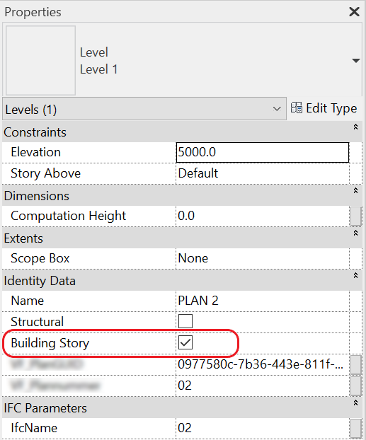 Halvplan modeller: Properties på en våning i revit, där Building Story är ifyllt för att underlätta hanteringen av halvplan