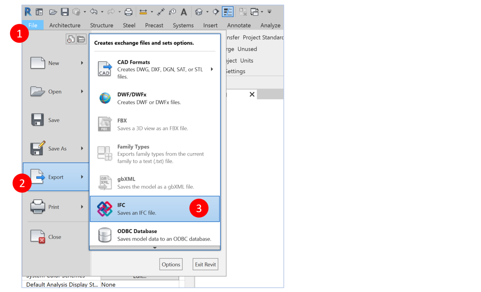 Bild som beskriver hur du genomför en en IFC-export i revit