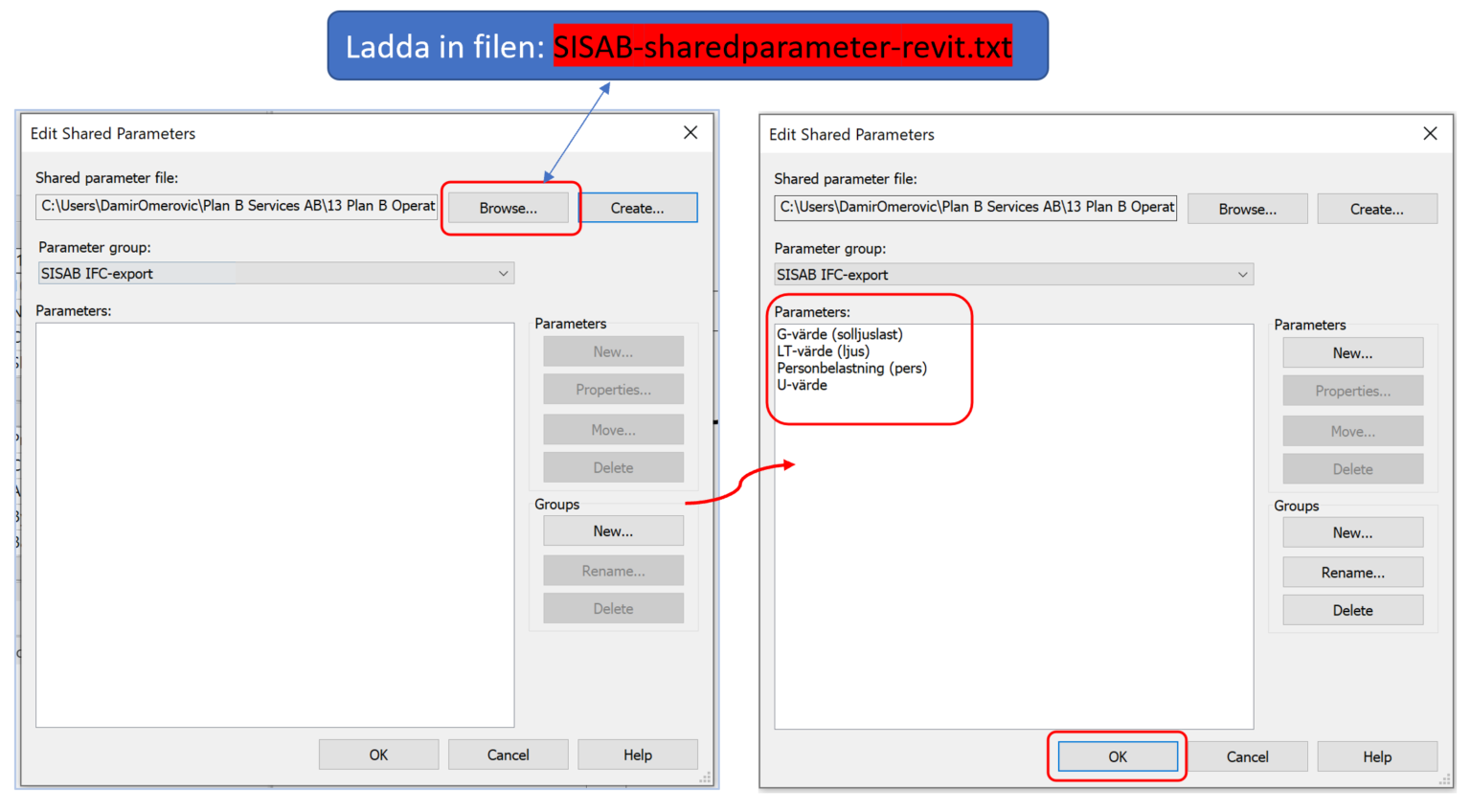 Bild som beskriver hur du anropar textfilen SISAB-sharedparameter-revit.txt