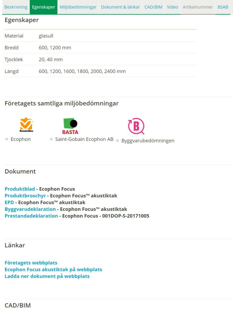 Exempel på produktegenskaper från Byggkatalogen