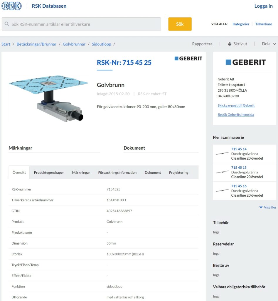 RSK-databasen med exempel på en golvbrunn