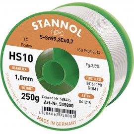 Stannol HS10 2510 Forrasztóón, ólommentes Tekercs Sn99.3Cu0.7 250 g 1.0 mm