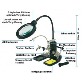 LED-es nagyítós lámpa, harmadik kéz paneltartó, ón és pákatartóval 2X/4X nagyítású Toolcraft 826054 6. kép